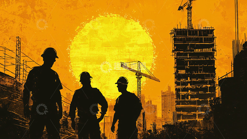 高清大图下载【趣麦麦图】工地工人日落剪影