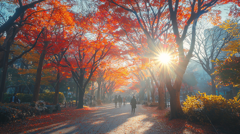 高清大图下载【趣麦麦图】秋日暖阳枫叶小路