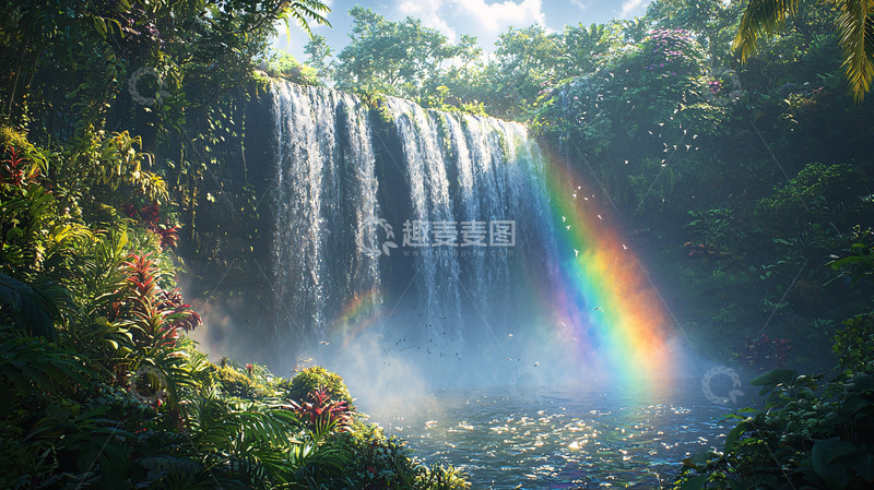 高清大图下载【趣麦麦图】热带雨林瀑布彩虹