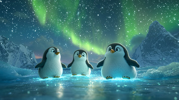 三只企鹅北极光冰面