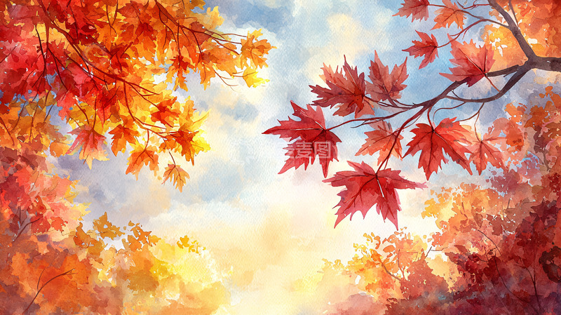 高清大图下载【趣麦麦图】秋日枫叶蓝天白云