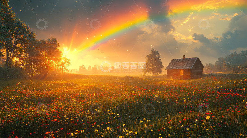 高清大图下载【趣麦麦图】阳光下的彩虹田园小屋