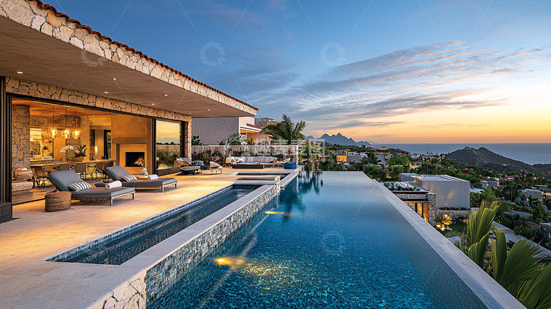 高清大图下载【趣麦麦图】豪华别墅泳池日落美景