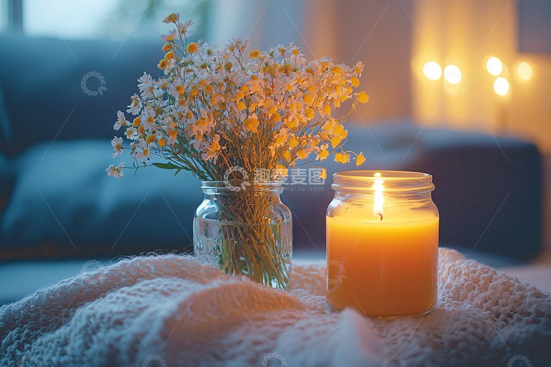 高清大图下载【趣麦麦图】温暖的烛光与雏菊花束