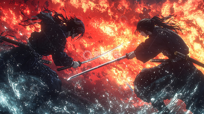 高清大图下载【趣麦麦图】火海中武士对决