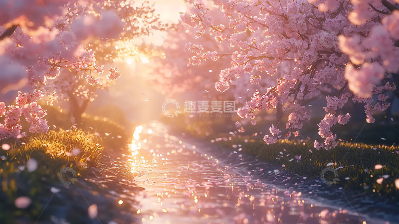 高清大图下载【趣麦麦图】阳光洒在樱花树下的溪流