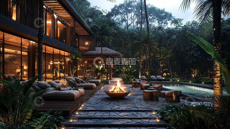 高清大图下载【趣麦麦图】豪华别墅夜晚丛林泳池