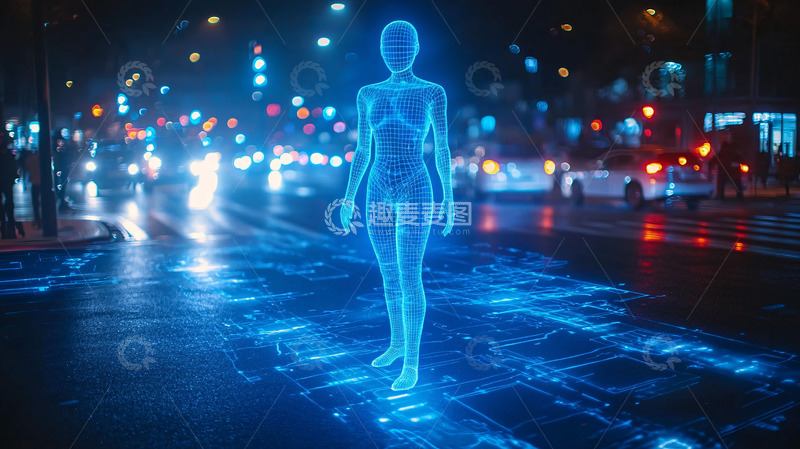 高清大图下载【趣麦麦图】蓝色透明人像站在街道上