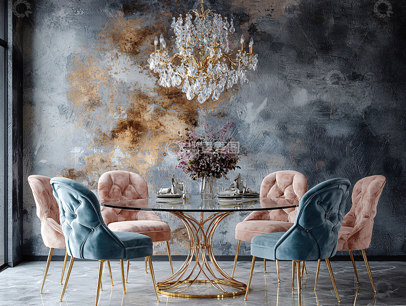高清大图下载【趣麦麦图】轻奢风粉色蓝色餐桌椅组合