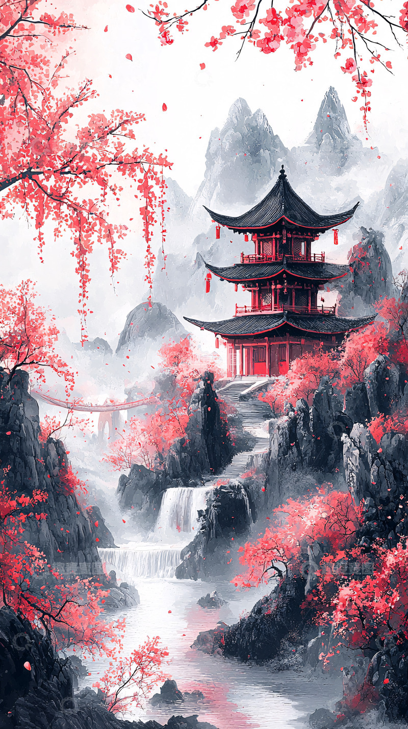 高清大图下载【趣麦麦图】水墨画山水樱花古寺