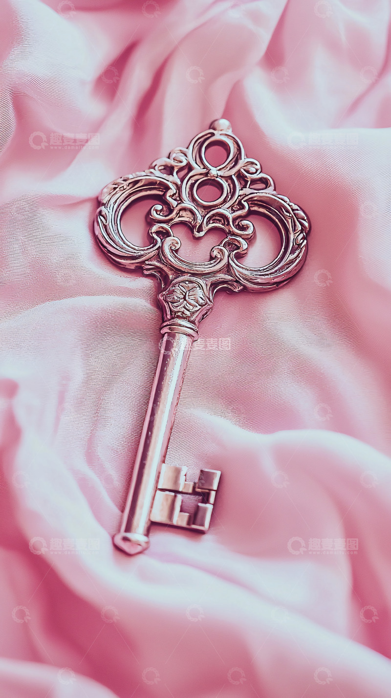 高清大图下载【趣麦麦图】粉色丝绸上的复古钥匙