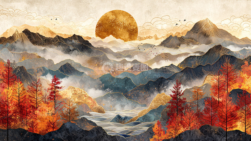 高清大图下载【趣麦麦图】水墨山水日出秋色