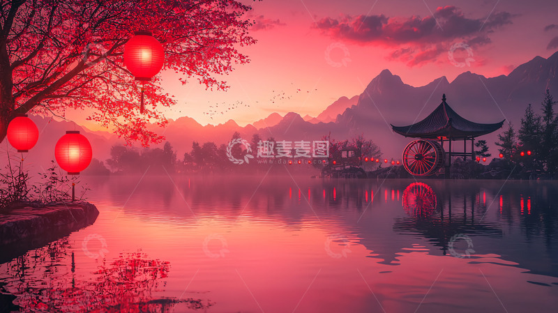 高清大图下载【趣麦麦图】红霞映照下的中国山水