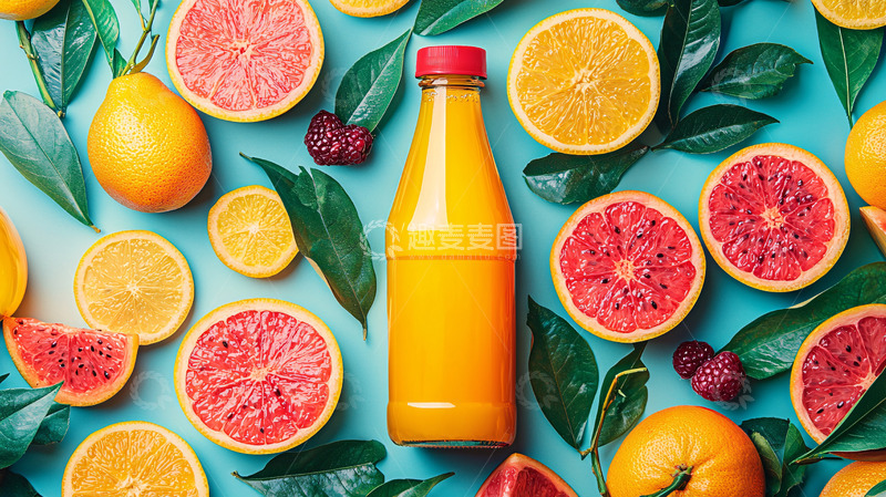 高清大图下载【趣麦麦图】鲜榨果汁瓶与柑橘水果