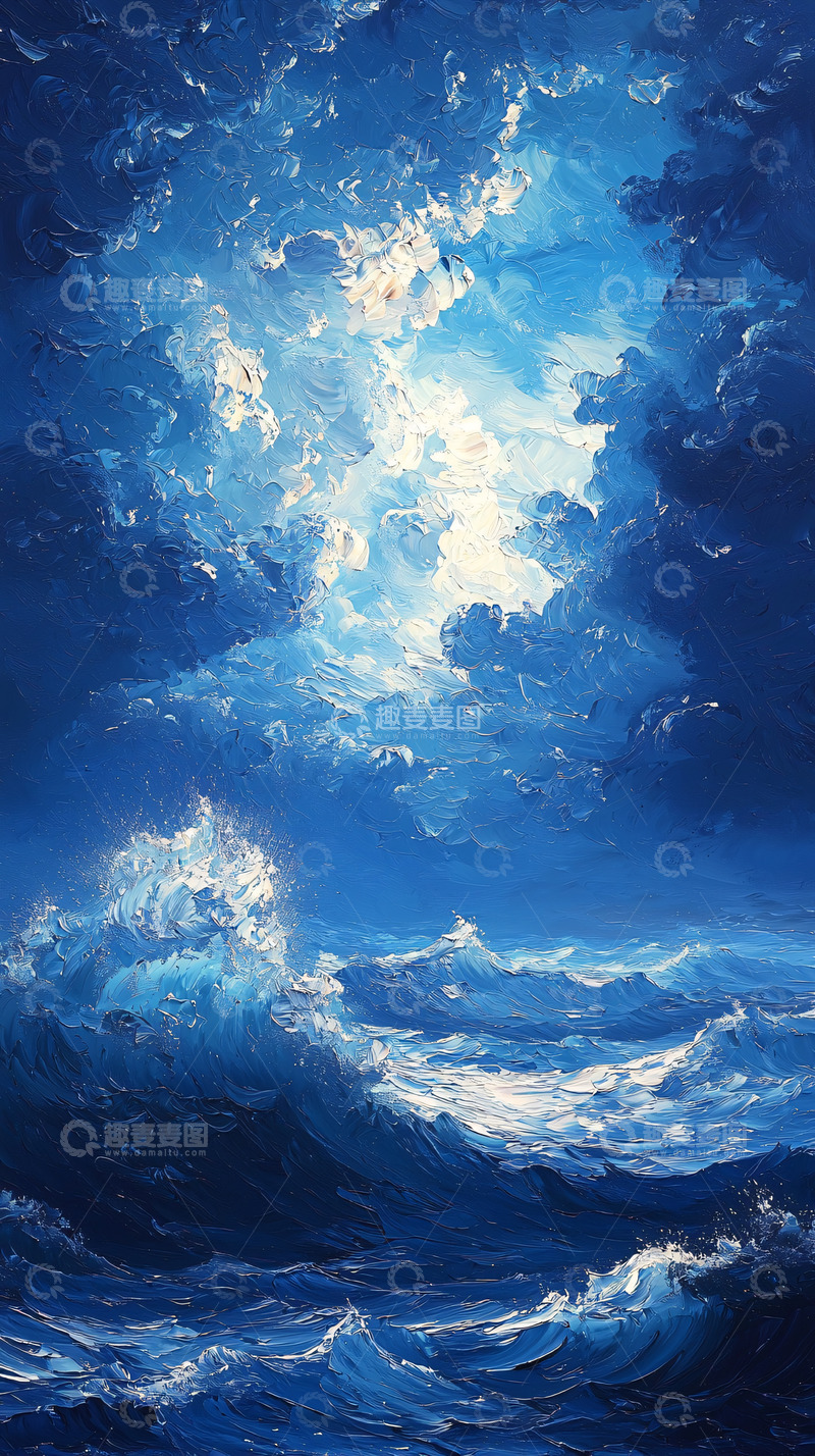 高清大图下载【趣麦麦图】蓝色油画海浪与天空