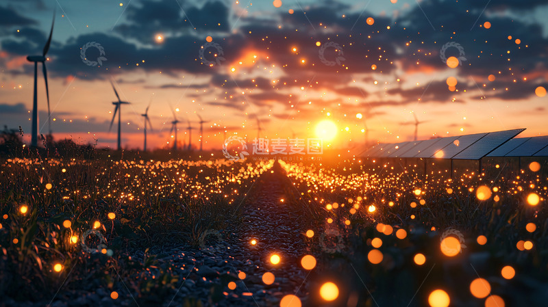 高清大图下载【趣麦麦图】光点田野日落风力发电站