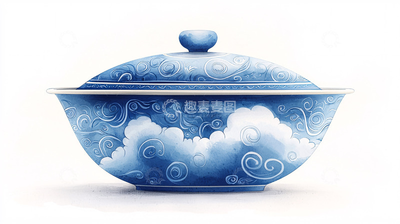 高清大图下载【趣麦麦图】青花瓷风格盖碗
