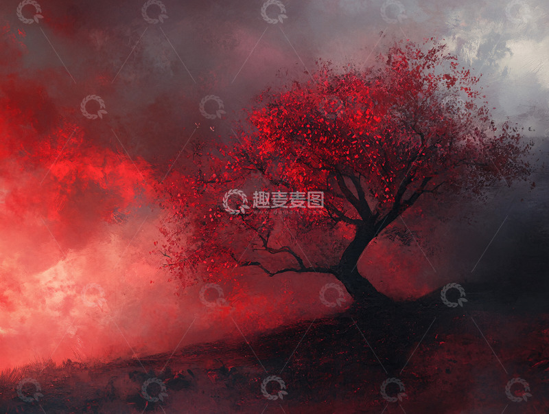 高清大图下载【趣麦麦图】暗红天空下的孤寂树木