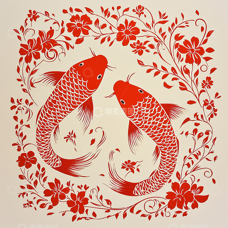 高清大图下载【趣麦麦图】红鲤鱼花卉图案