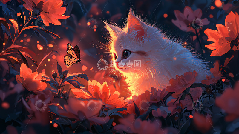 高清大图下载【趣麦麦图】光之小猫与花丛蝴蝶