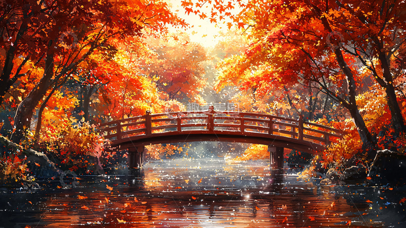 高清大图下载【趣麦麦图】秋日枫叶小桥流水