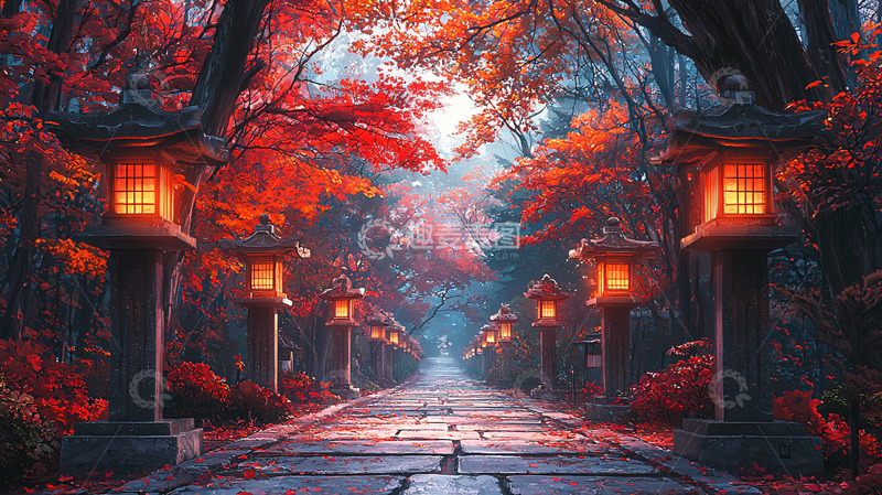 高清大图下载【趣麦麦图】秋日红叶小路灯笼