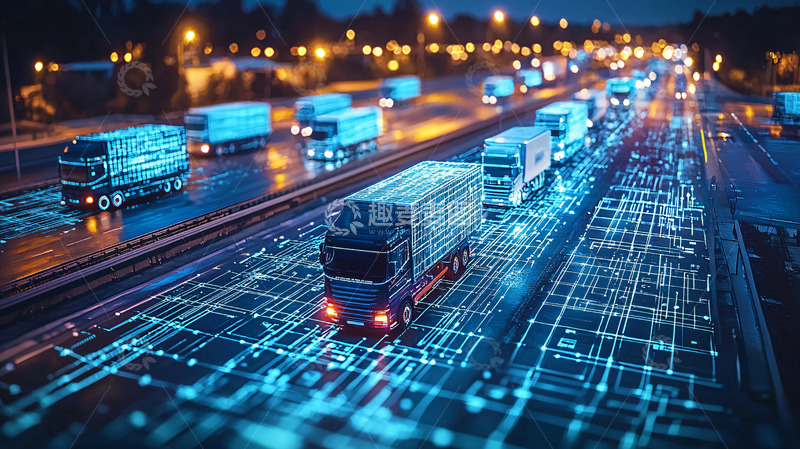 高清大图下载【趣麦麦图】夜间高速公路卡车车队