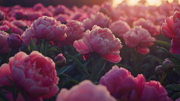 日落时分盛开的牡丹花田