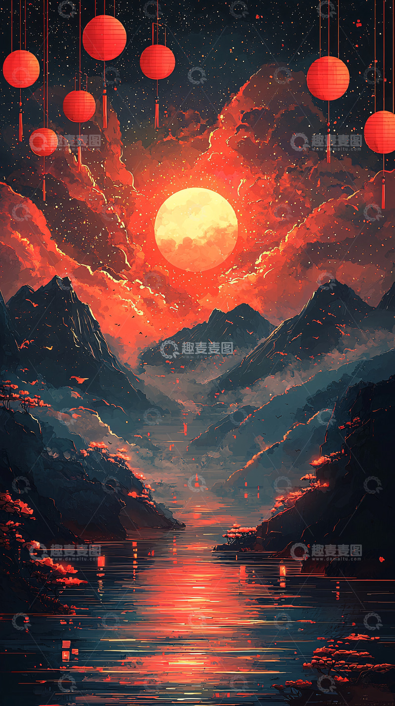 高清大图下载【趣麦麦图】红灯笼下的山水夜景