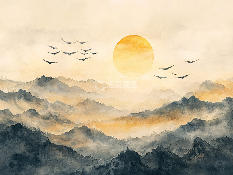 高清大图下载【趣麦麦图】水墨山峦日出图