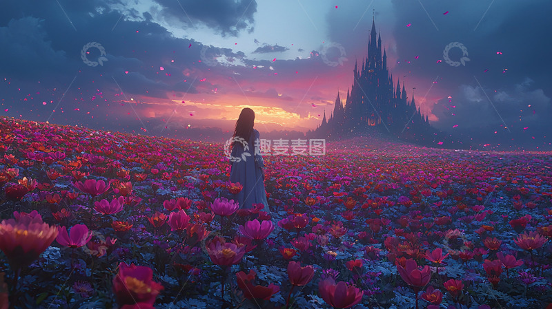 高清大图下载【趣麦麦图】梦幻花田城堡女孩
