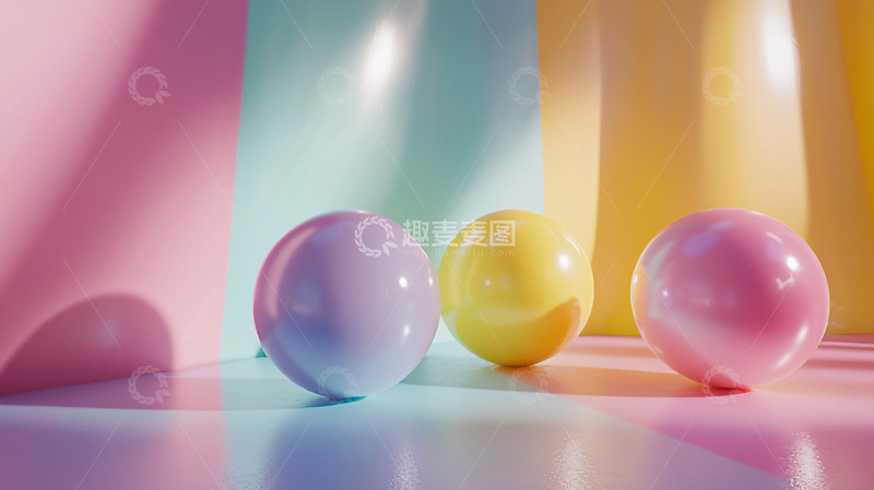 高清大图下载【趣麦麦图】粉色系背景下三个彩色球体