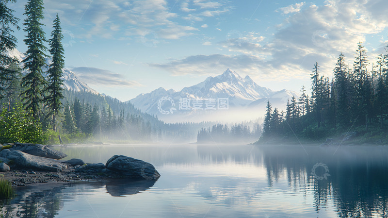 高清大图下载【趣麦麦图】清晨雾气缭绕的雪山湖泊