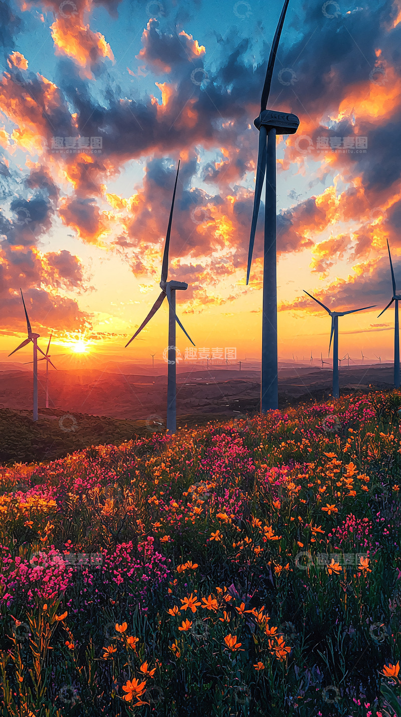 高清大图下载【趣麦麦图】风力涡轮机在日落花田