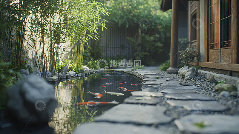 高清大图下载【趣麦麦图】日式庭院鲤鱼池