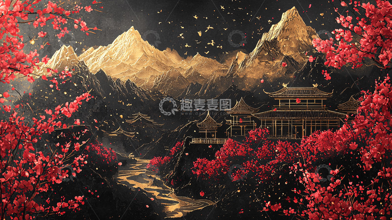 高清大图下载【趣麦麦图】红色花朵环绕的山间庙宇