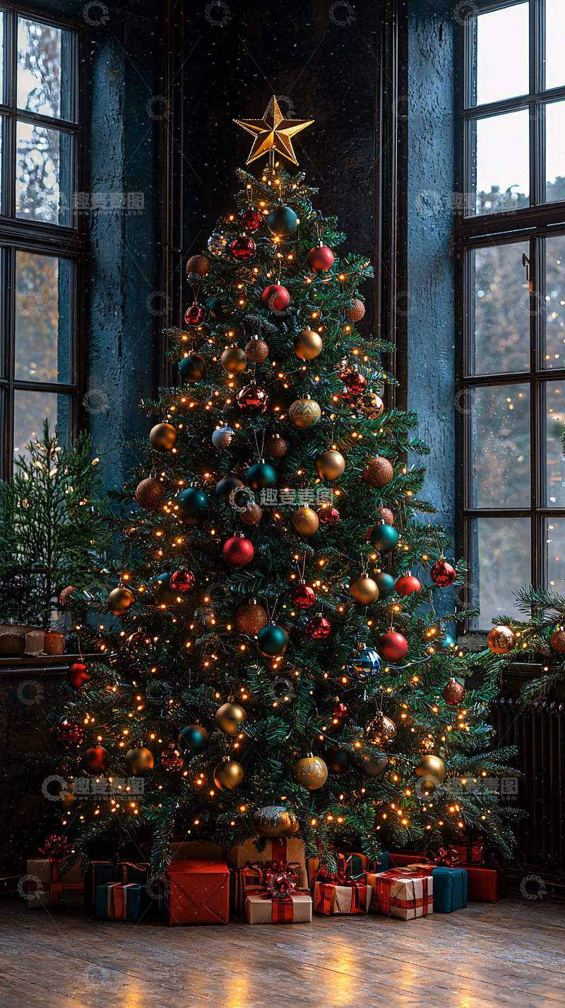 高清大图下载【趣麦麦图】圣诞树装饰礼物壁炉旁
