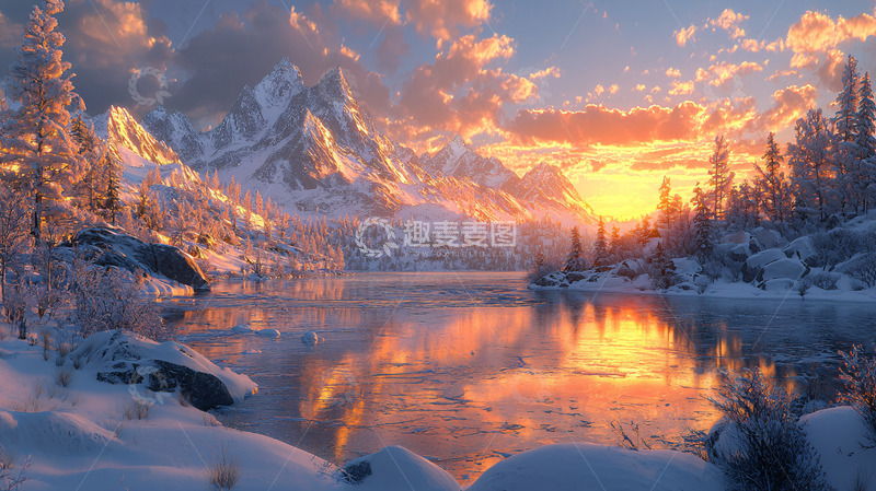 高清大图下载【趣麦麦图】雪山日落湖泊景色