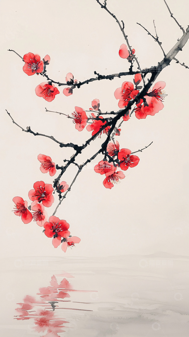 高清大图下载【趣麦麦图】红梅枝头水墨画