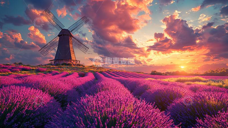 高清大图下载【趣麦麦图】日落薰衣草田风车