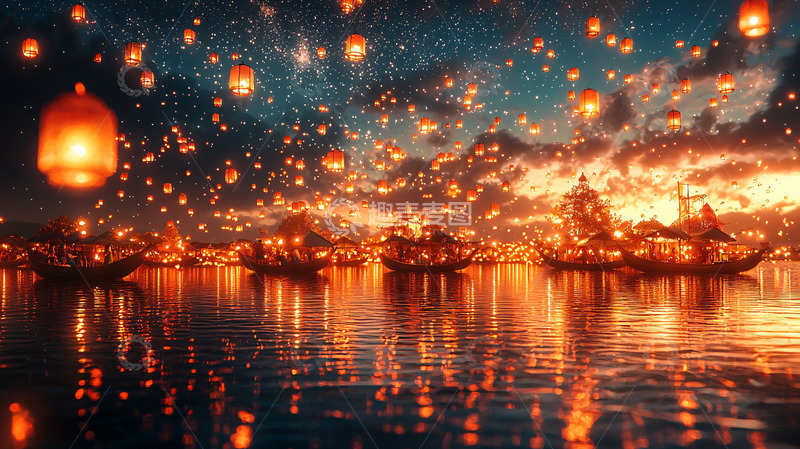 高清大图下载【趣麦麦图】梦幻般的天灯水上盛景