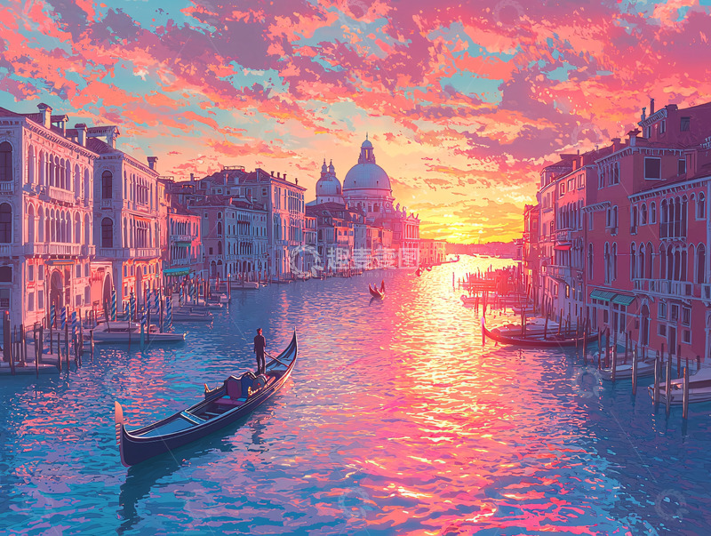 高清大图下载【趣麦麦图】威尼斯日落贡多拉