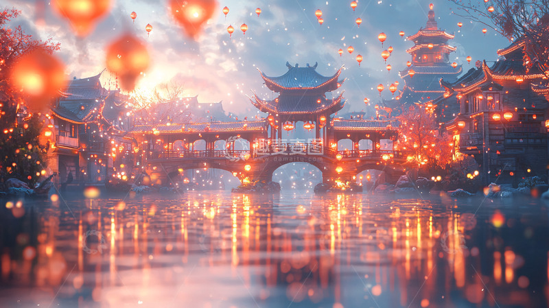高清大图下载【趣麦麦图】中国风灯笼桥梁夜景