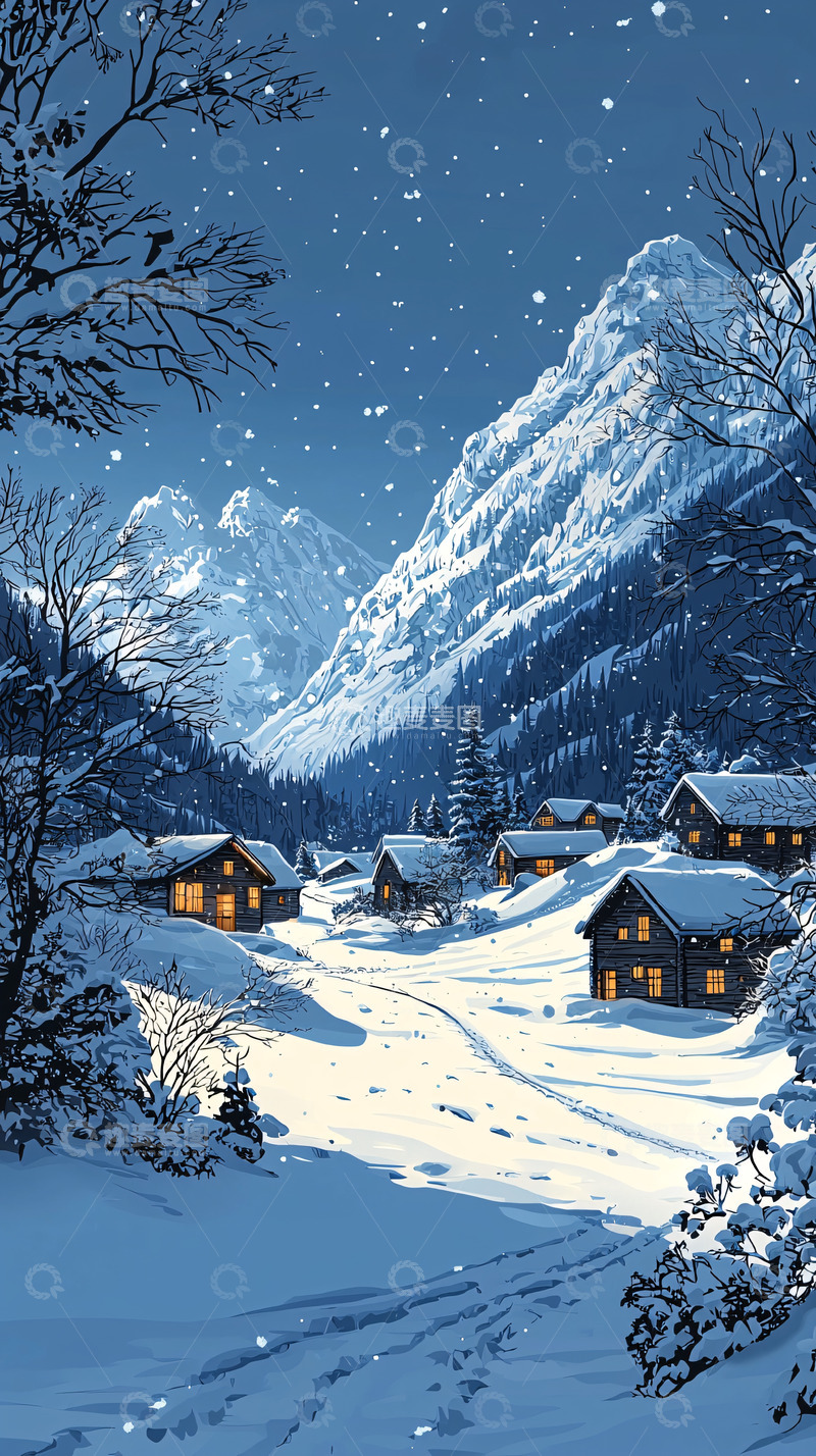 高清大图下载【趣麦麦图】雪夜山村