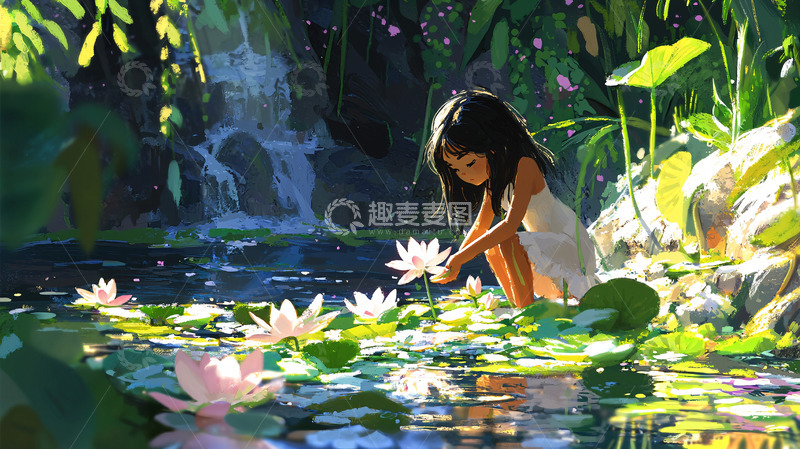 高清大图下载【趣麦麦图】瀑布旁女孩采莲花