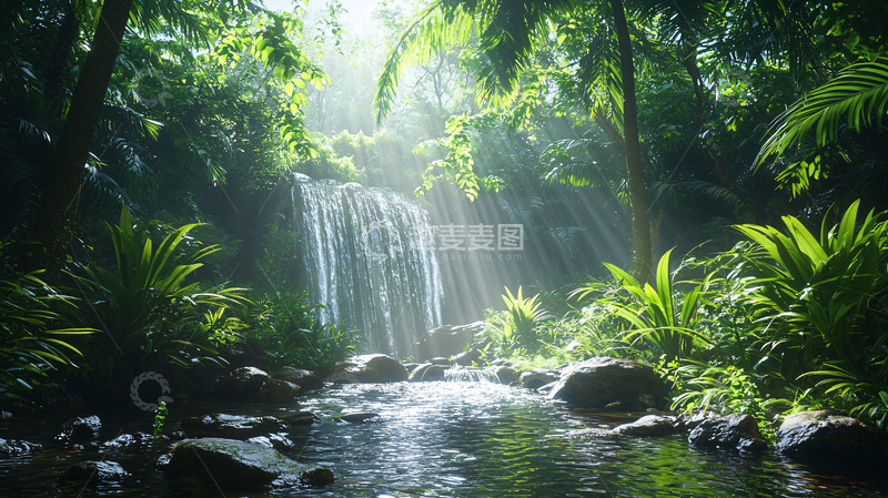 高清大图下载【趣麦麦图】阳光穿过雨林瀑布
