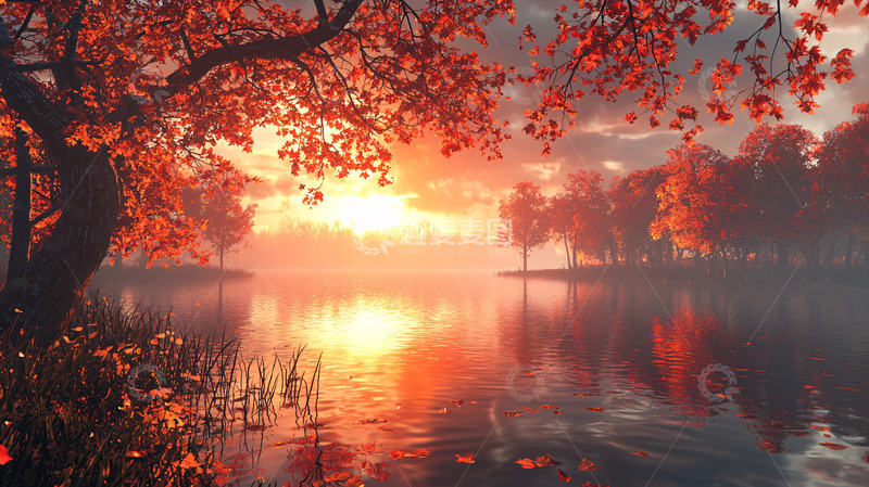 高清大图下载【趣麦麦图】秋日湖边落日余晖