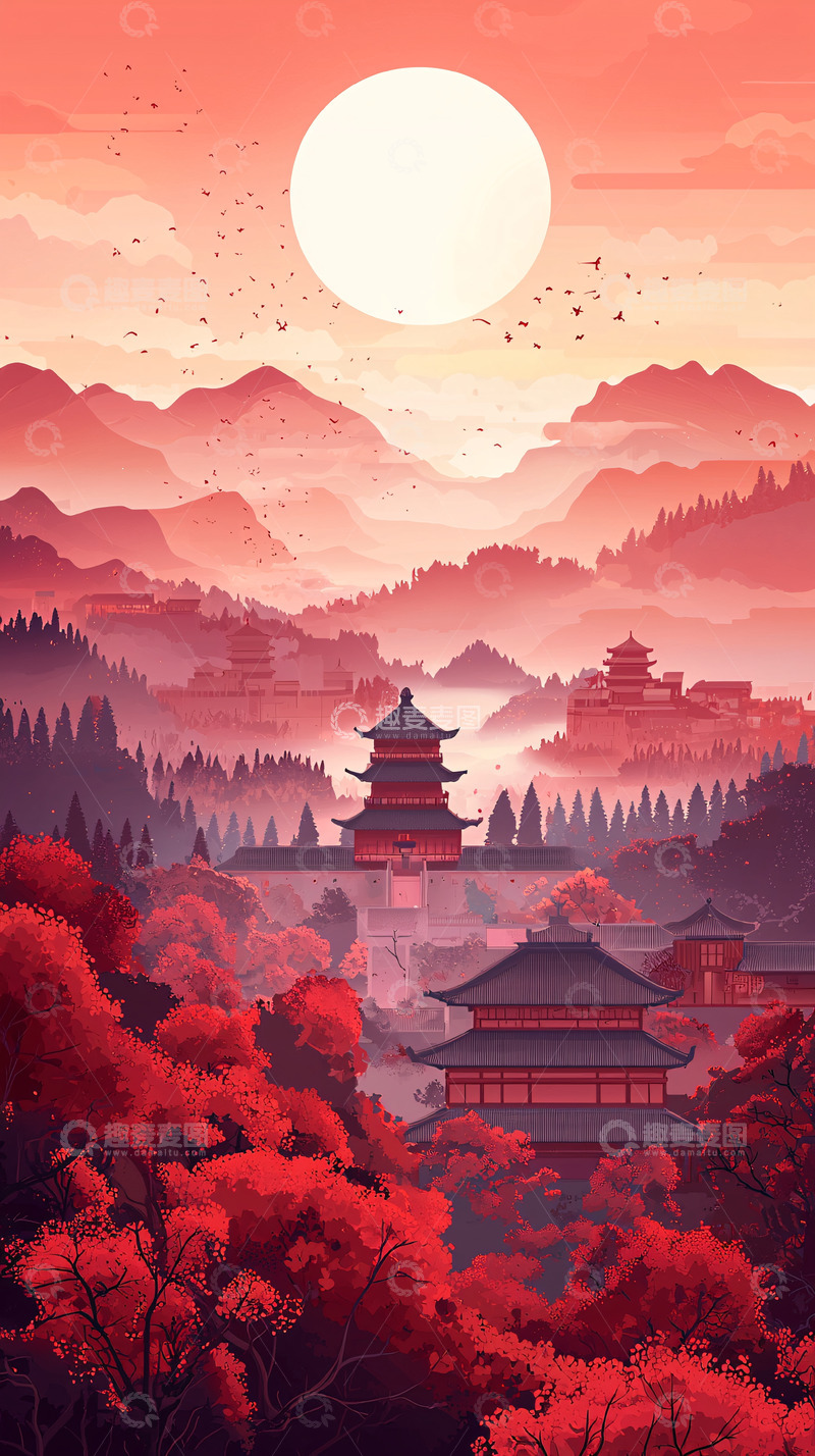 高清大图下载【趣麦麦图】红色山水间的古老城镇