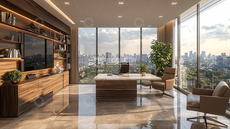 高清大图下载【趣麦麦图】现代办公室落地窗城市景观