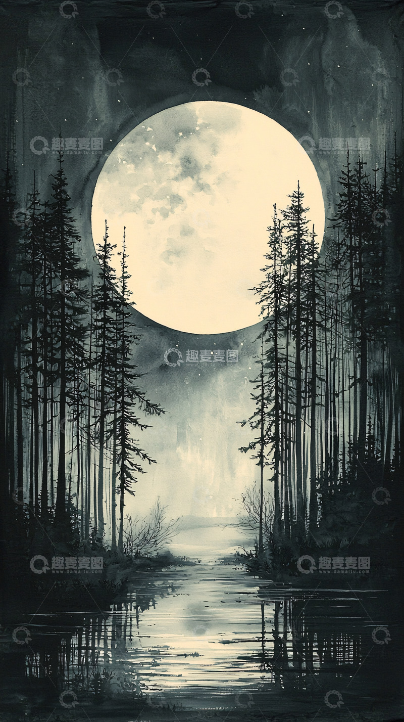 高清大图下载【趣麦麦图】夜晚森林中的满月倒影